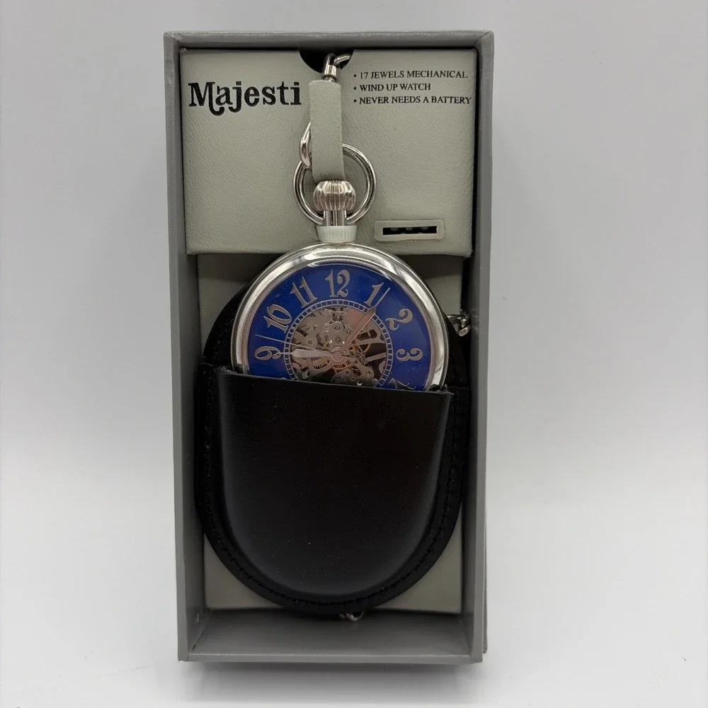 VINTAGE MAJESTI SKELETON WIND UP POCKET WATCH 17 JEWELS CHAIN BLUE NEW BOXED